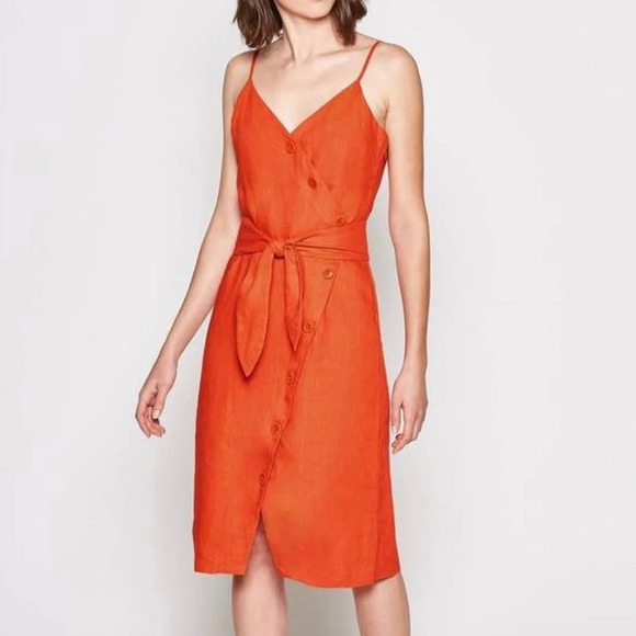Joie Carnell  Buttoned Midi Belted Linen Dress in Warm Terracotta - Picture 2 of 7